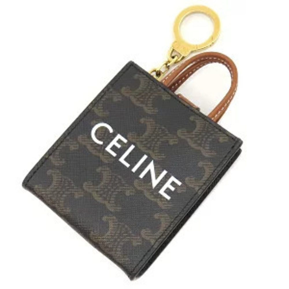 Celine Vertical Cabas Bag Charm Canvas Triomphe Tan Brown White Motif